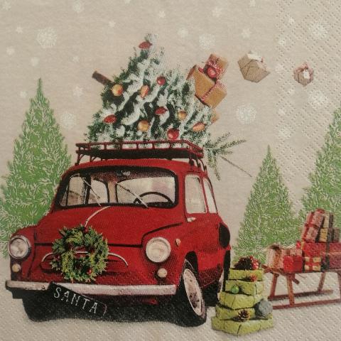 tovaglioli per decoupage natalizio Fiat cinquecento con addobbi arti e grafica busta da 2 pezzi 33x33