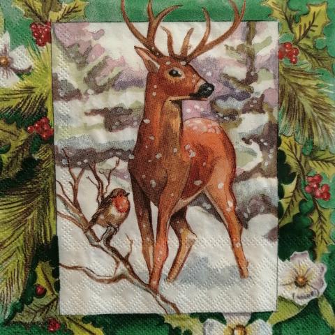 tovaglioli per decoupage natalizio renna con pettirosso arti e grafica busta da 2 pezzi 33x33