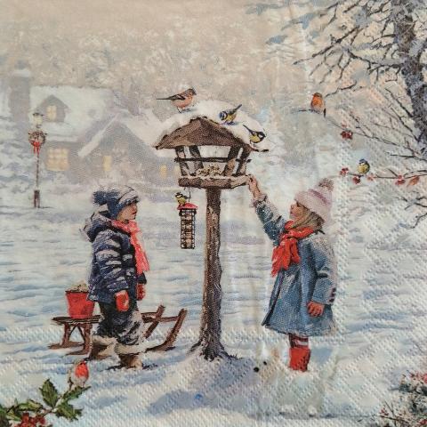 tovaglioli per decoupage natalizio bambini con uccellini arti e grafica busta da 2 pezzi 33x33