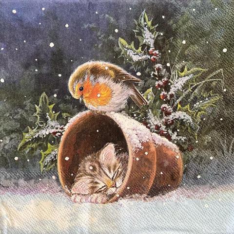 tovaglioli per decoupage natalizio gattino e uccello sulla neve arti e grafica busta da 2 pezzi 33x33