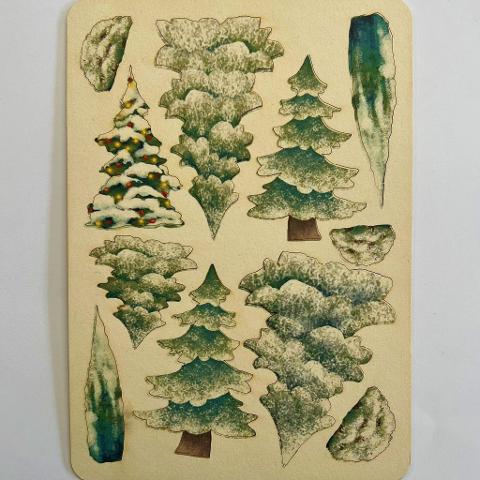 Sticker alberi innevati in pasta di legno renkalik busta 6 pezzi 10 e 7 cm circa