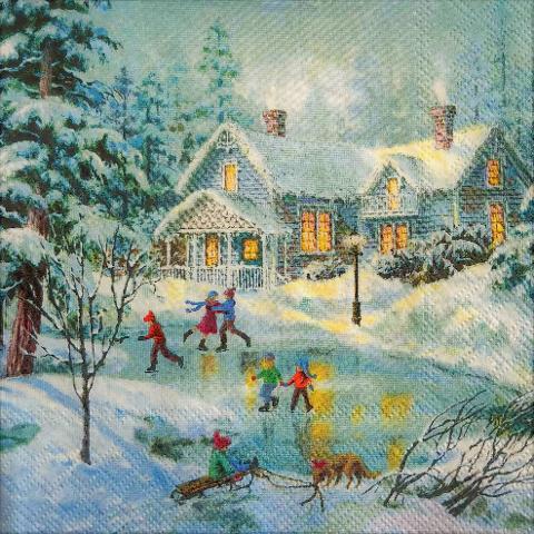 tovaglioli per  decoupage paesaggio innevato con bambini arti e grafica busta da 2 pezzi 33x33
