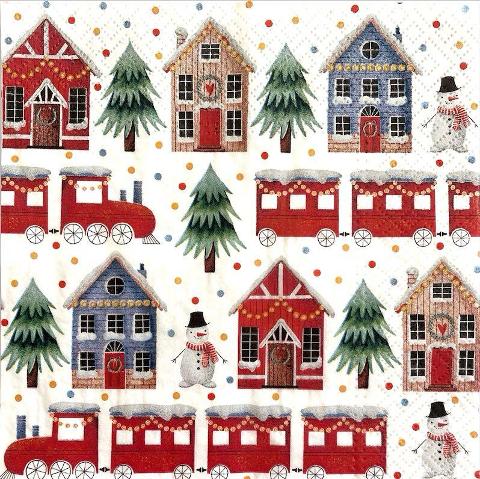 Tovaglioli di Natale con casette, trenino e pupazzo di neve arti e grafica busta 2 pz da 33x33