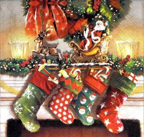 Tovaglioli per decoupage natalizio con calzini e Babbo Natale con Slitta arti e grafica busta da 2 pezzi 33x33