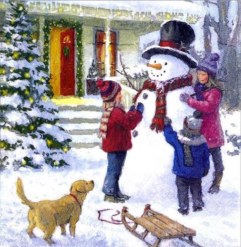 Tovagliolo per decoupage con Pupazzo di Neve, bambini e cane arti e grafica busta 2 pz da 33x33