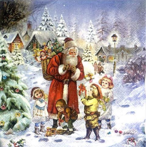 Tovaglioli per decoupage natalizio con Babbo Natale, Bambini e case innevate arti e grafica busta da 2 pezzi 33x33