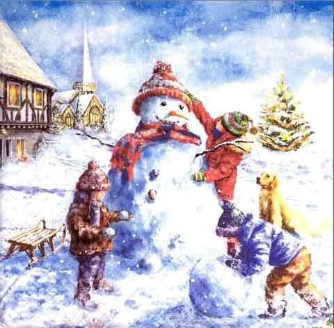Tovaglioli per decoupage natalizio con Pupazzo di Neve e bimbi arti e grafica busta 2 pz da 33x33