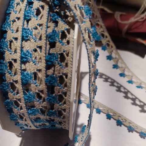 Passamaneria color corda in cotone con decori azzurri I nastri di Mirta 6mm x 1 mt