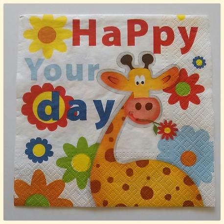 tovaglioli per decoupage animali  giraffa con fiori "Happy Your Day" arti e grafica busta da 2 pezzi 33 x 33 cm