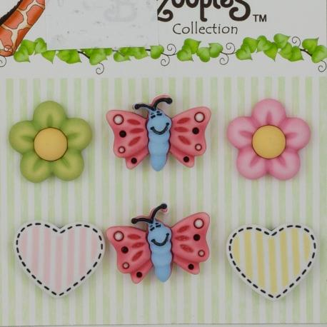 Bottoni decorativi in resina  farfalle, fiori e cuori stafil busta da 6 pezzi 2 cm x 2 cm