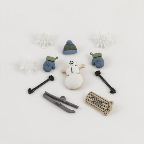 Bottoni decorativi  in resina pupazzo di neve con slitta, sci  stafil busta da 12 pezzi 1-3cm circa