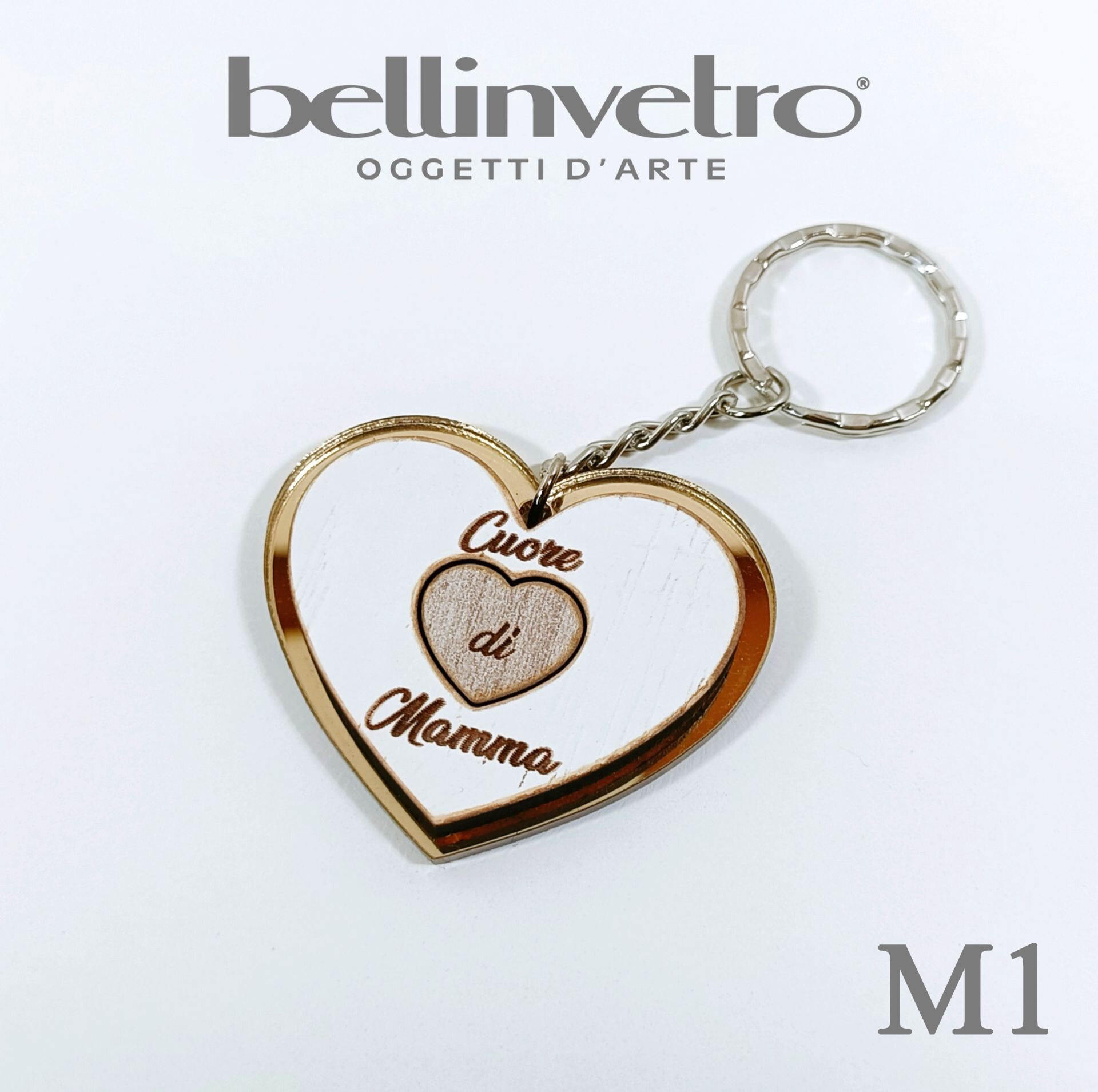 Portachiavi cuore  festa della mamma  in plexiglass specchiato e legno BELLINVETRO VR 154