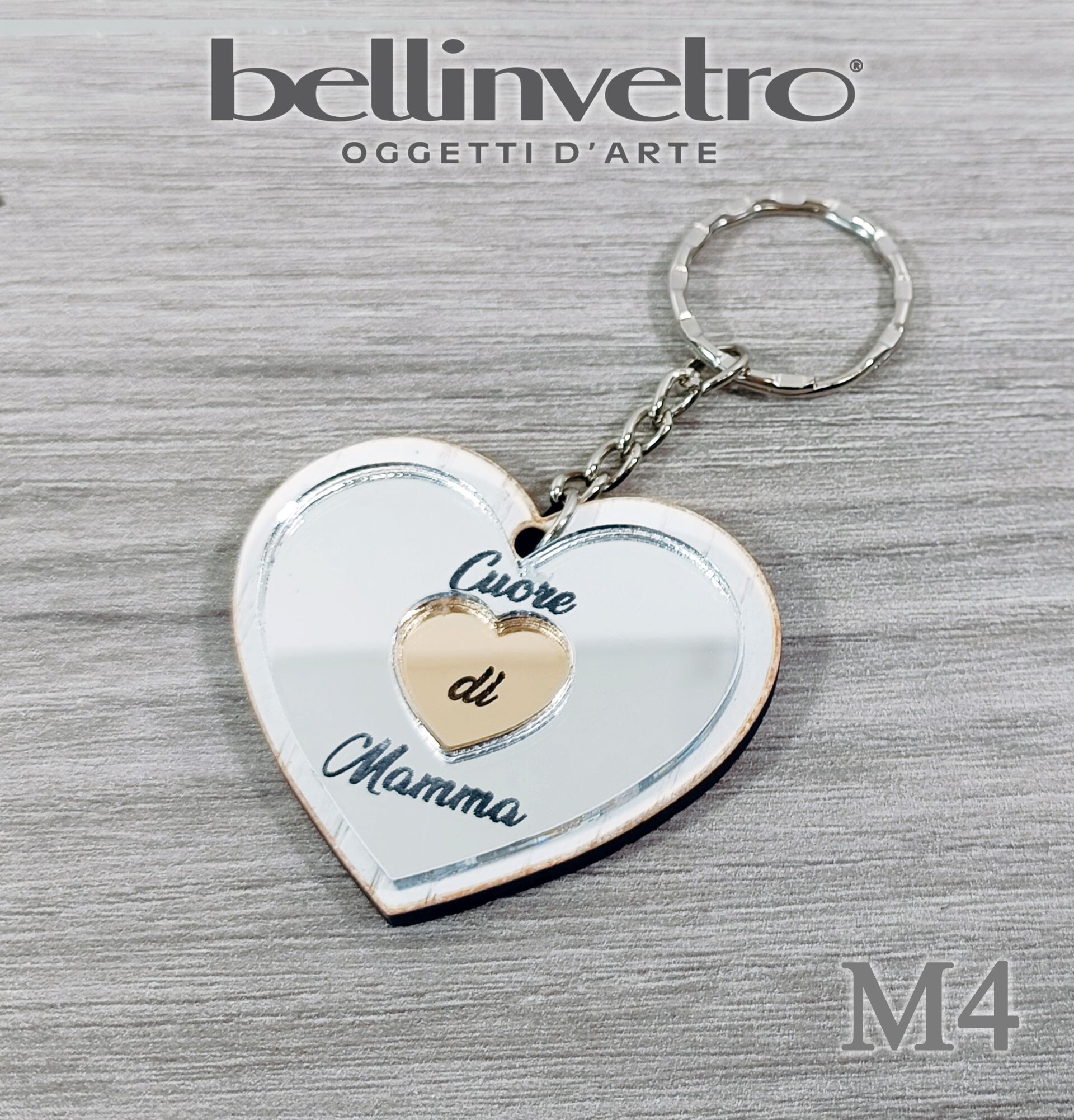 Portachiavi cuore  festa della mamma  in plexiglass specchiato e legno BELLINVETRO VR 154