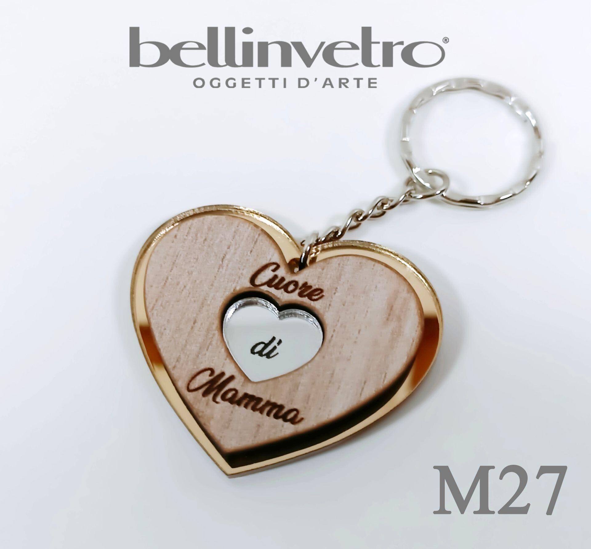 Portachiavi cuore  festa della mamma  in plexiglass specchiato e legno BELLINVETRO VR 154