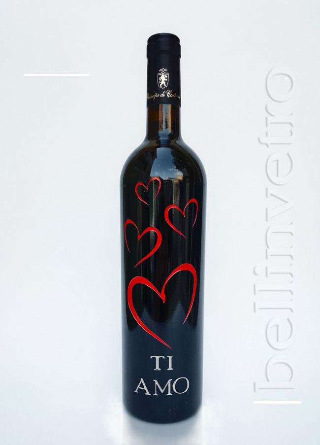 Bottiglia incisa e dipinta a mano ti amo VINO CANTINE PAOLINI 03
