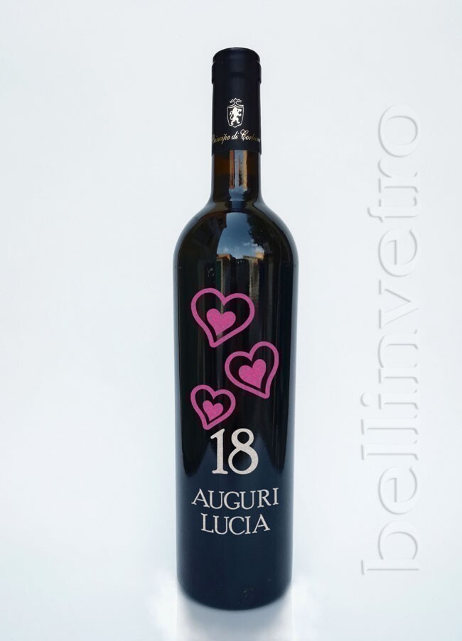 Bottiglia incisa e dipinta a mano 18 compleanno VINO CANTINE PAOLINI 05