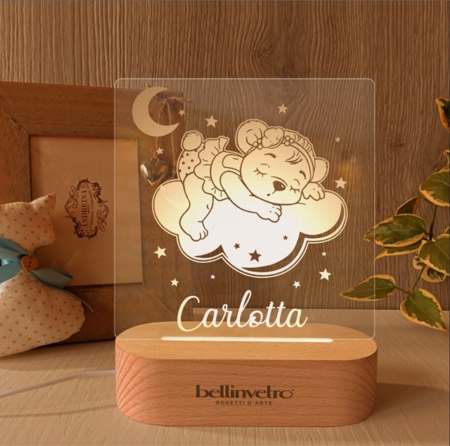 Lampada LED in plexiglass | NIGHT LIGHT | orsetto e nuvola con base in legno BELLINVETRO VR 363