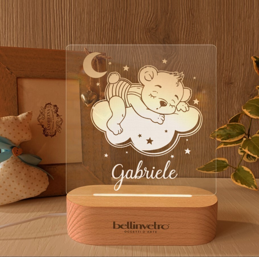 Lampada LED in plexiglass | NIGHT LIGHT | orsetto e nuvola con base in legno BELLINVETRO VR 363
