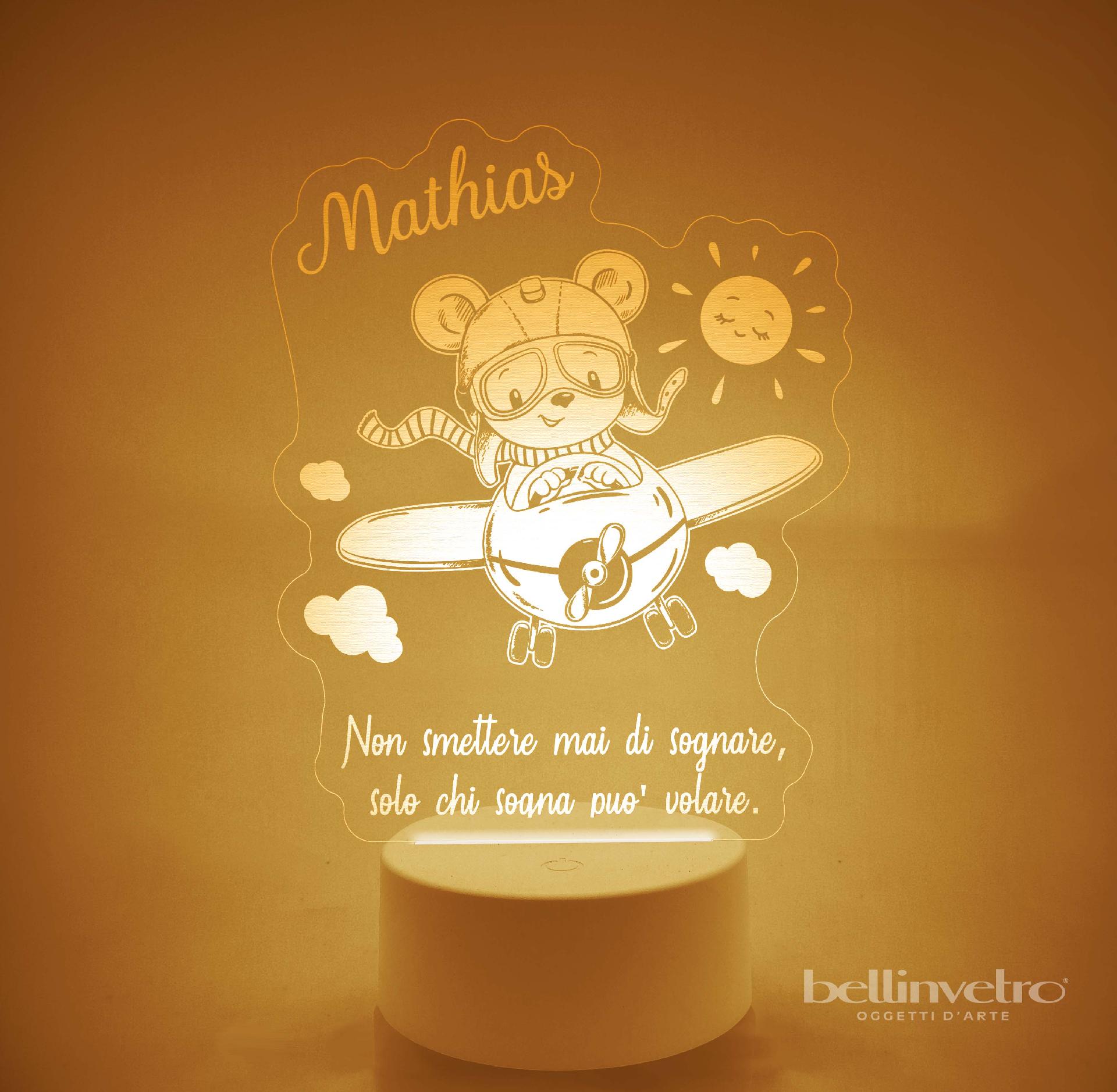 Lampada LED in plexiglass | NIGHT LIGHT | orsetto con aeroplano BELLINVETRO VR 394