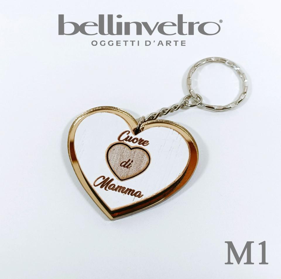 Portachiavi cuore  festa della mamma  in plexiglass specchiato e legno BELLINVETRO VR 154