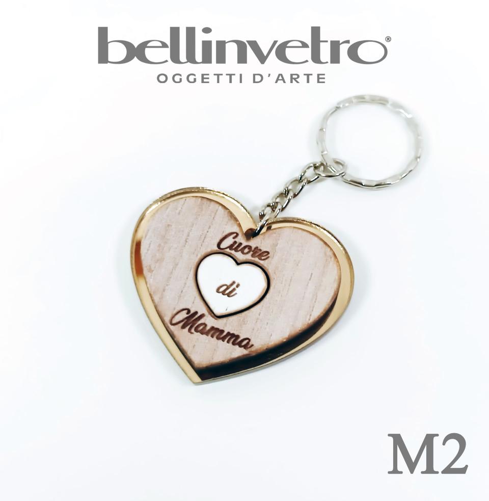 Portachiavi cuore  festa della mamma  in plexiglass specchiato e legno BELLINVETRO VR 154