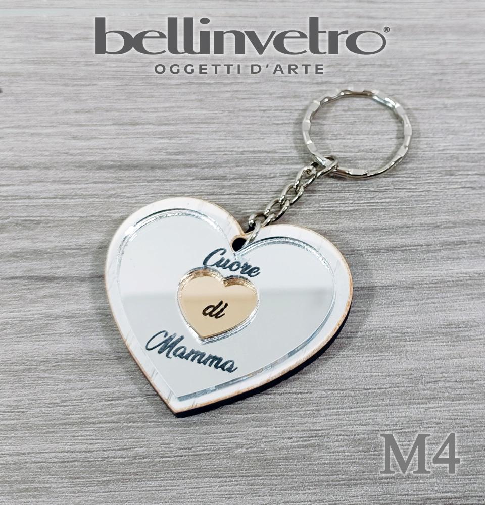 Portachiavi cuore  festa della mamma  in plexiglass specchiato e legno BELLINVETRO VR 154