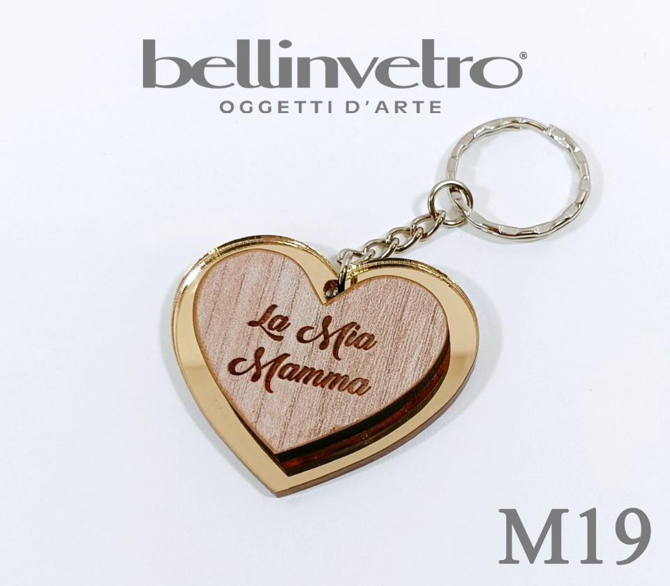 Portachiavi cuore  festa della mamma  in plexiglass specchiato e legno BELLINVETRO VR 154