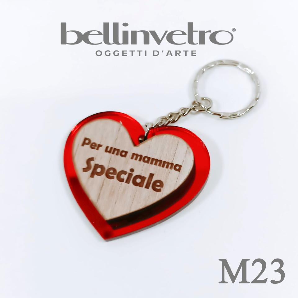 Portachiavi cuore  festa della mamma  in plexiglass specchiato e legno BELLINVETRO VR 154