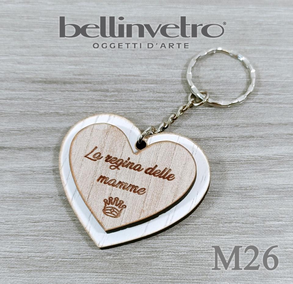 Portachiavi cuore  festa della mamma  in plexiglass specchiato e legno BELLINVETRO VR 154