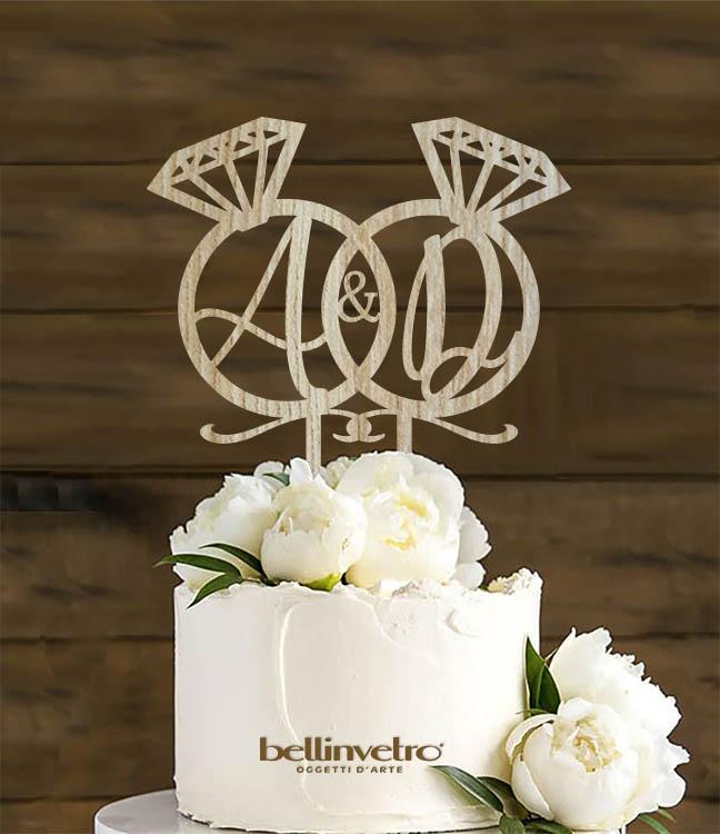 Topper cake anelli diamanti con iniziali  in legno BELLINVETRO VR 183