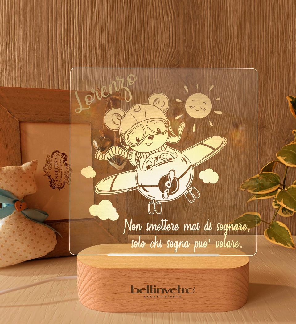 Lampada LED in plexiglass | NIGHT LIGHT | orsetto e aeroplano con base in legno BELLINVETRO VR 394
