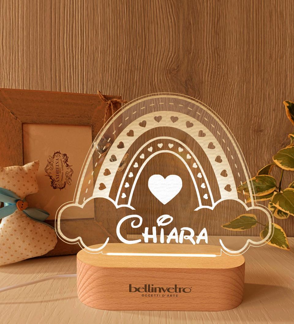 Lampada LED in plexiglass | NIGHT LIGHT | arcobaleno e nuvole con base in legno BELLINVETRO VR 388