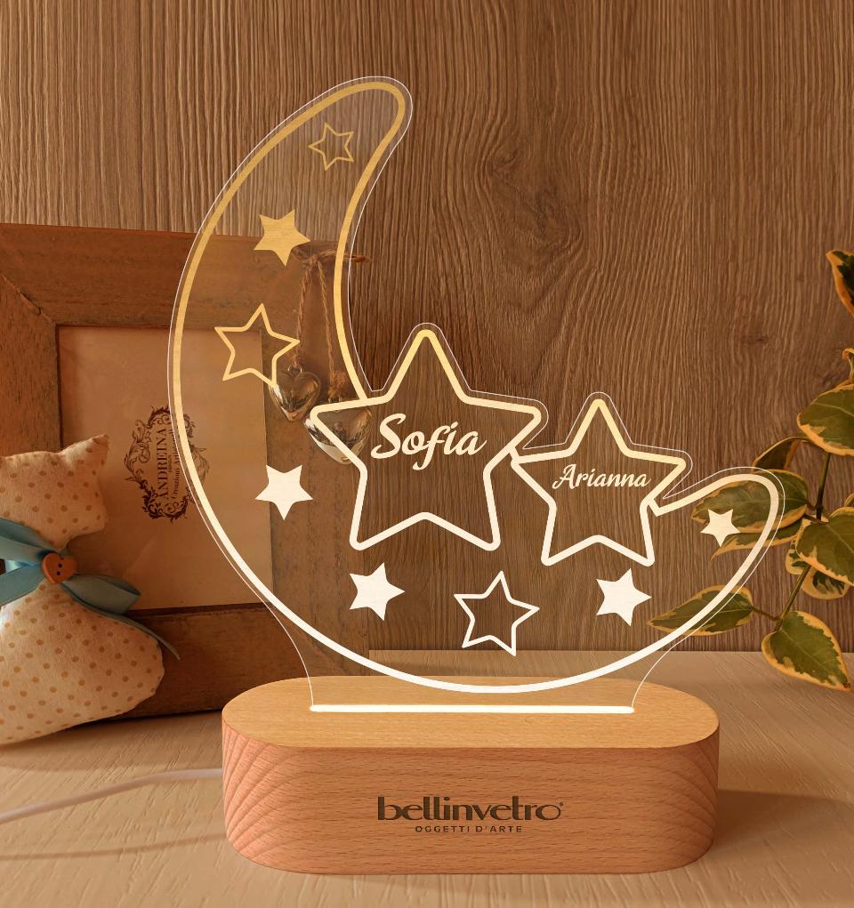 Lampada LED in plexiglass | NIGHT LIGHT | luna con stelle con base in legno BELLINVETRO VR 396