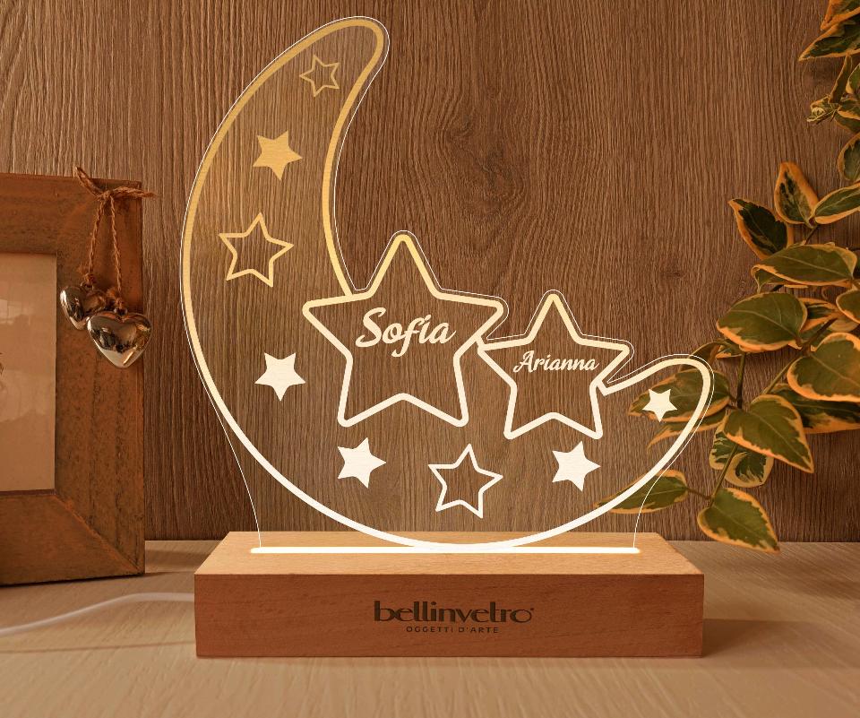 Lampada notturna a led luna con stelle con base in legno BELLINVETRO VR 396