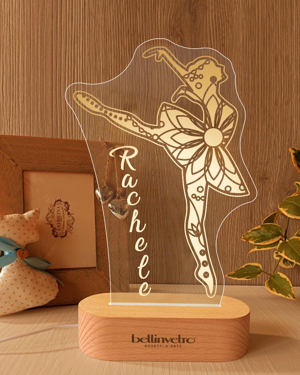 Lampada  notturna a led ballerina con fiori con base in legno BELLINVETRO VR 375