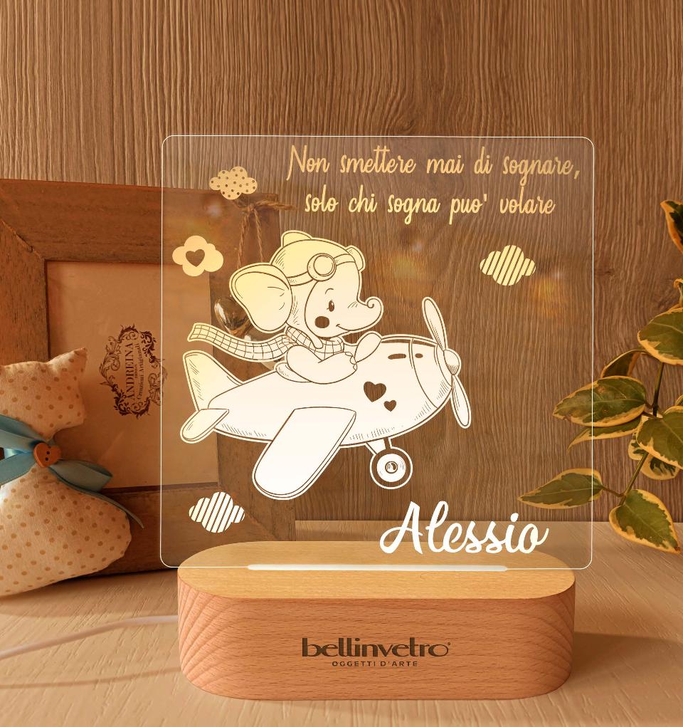 Lampada LED in plexiglass | NIGHT LIGHT | elefantino con aeroplano con base in legno BELLINVETRO VR 390