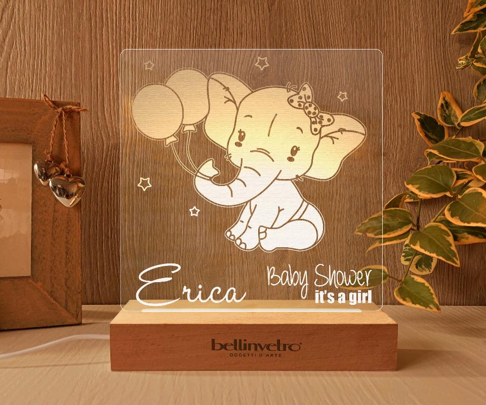 Lampada LED in plexiglass | NIGHT LIGHT | elefantino e palloncino con base in legno BELLINVETRO VR 398