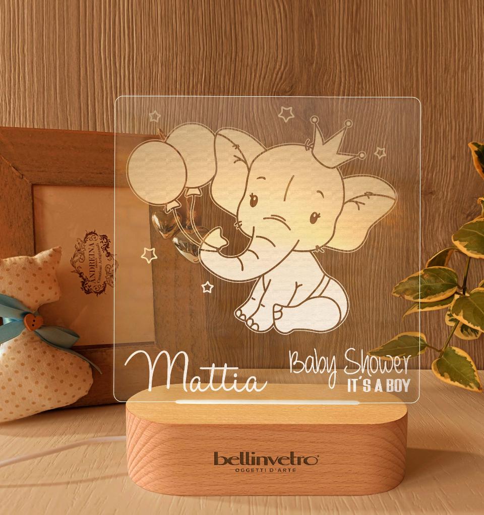 Lampada LED in plexiglass | NIGHT LIGHT | elefantino e palloncino con base in legno BELLINVETRO VR 398