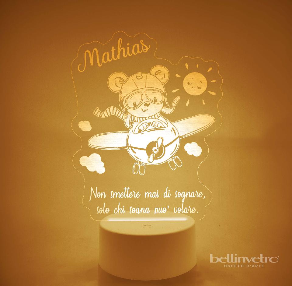 Lampada LED in plexiglass | NIGHT LIGHT | orsetto con aeroplano BELLINVETRO VR 394