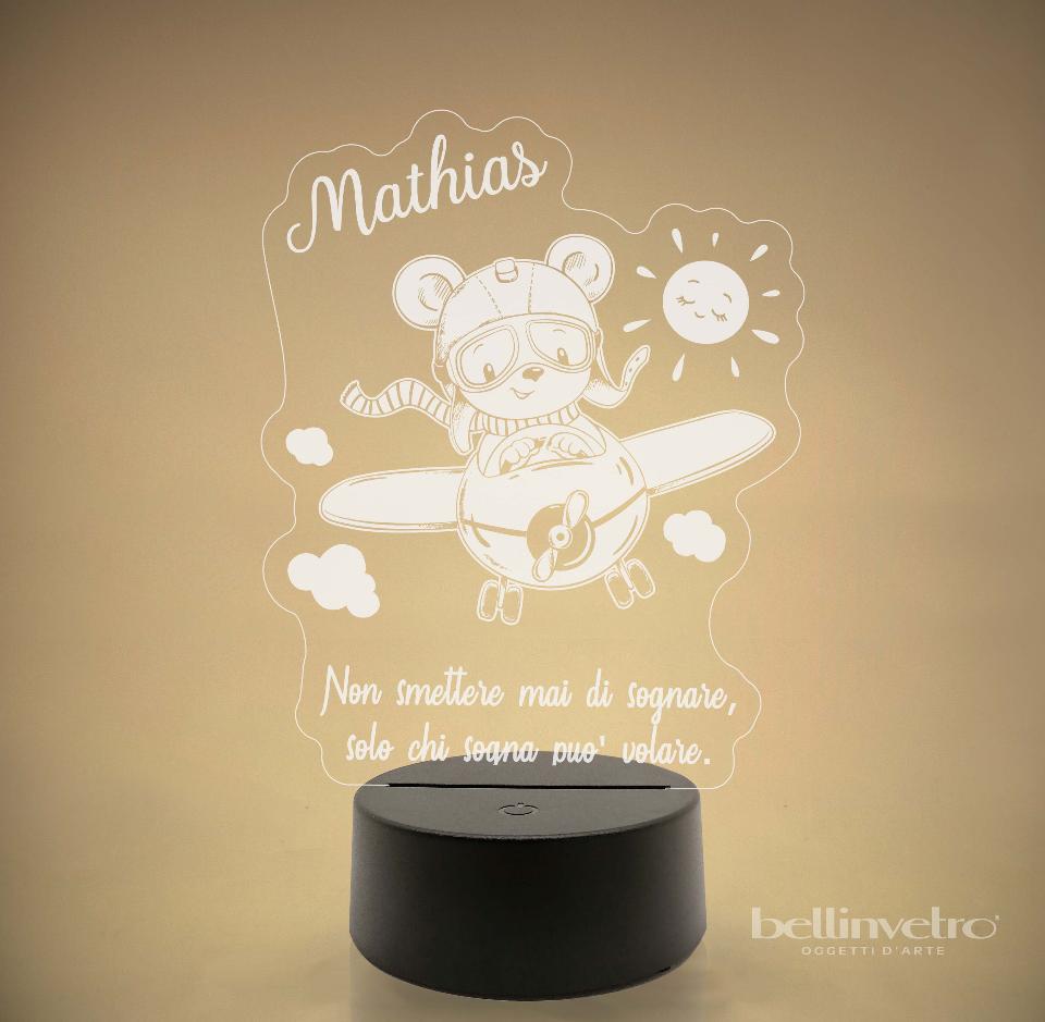 Lampada LED in plexiglass | NIGHT LIGHT | orsetto con aeroplano BELLINVETRO VR 394
