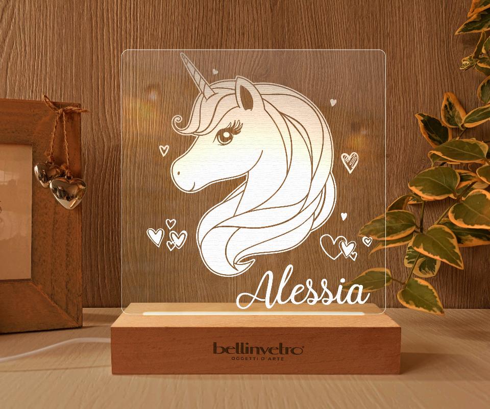 Lampada LED in plexiglass | NIGHT LIGHT | unicorno con base in legno BELLINVETRO VR 400