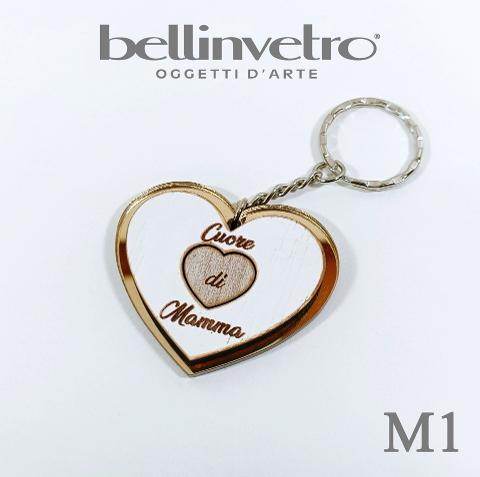 Portachiavi cuore  festa della mamma  in plexiglass specchiato e legno BELLINVETRO VR 154