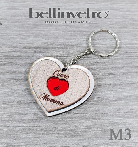 Portachiavi cuore  festa della mamma  in plexiglass specchiato e legno BELLINVETRO VR 154