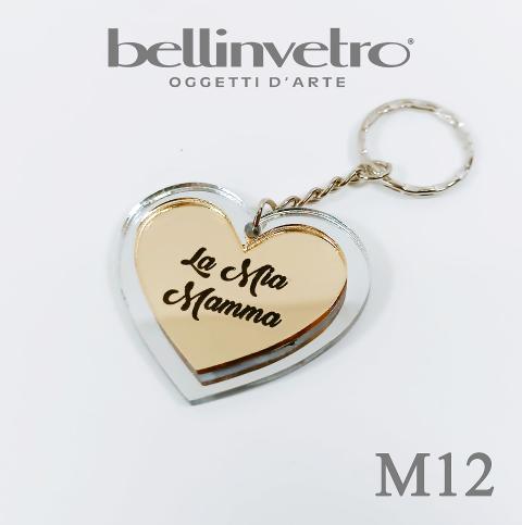Portachiavi cuore  festa della mamma  in plexiglass specchiato e legno BELLINVETRO VR 154