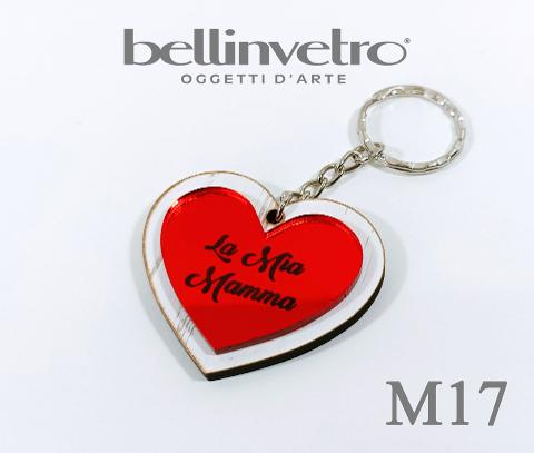 Portachiavi cuore  festa della mamma  in plexiglass specchiato e legno BELLINVETRO VR 154