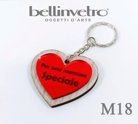 Portachiavi cuore  festa della mamma  in plexiglass specchiato e legno BELLINVETRO VR 154