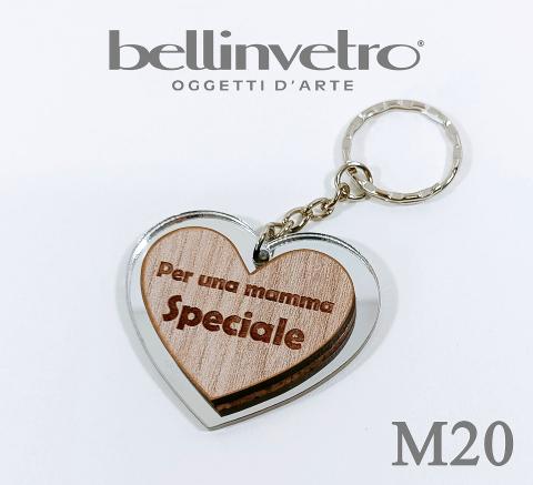 Portachiavi cuore  festa della mamma  in plexiglass specchiato e legno BELLINVETRO VR 154