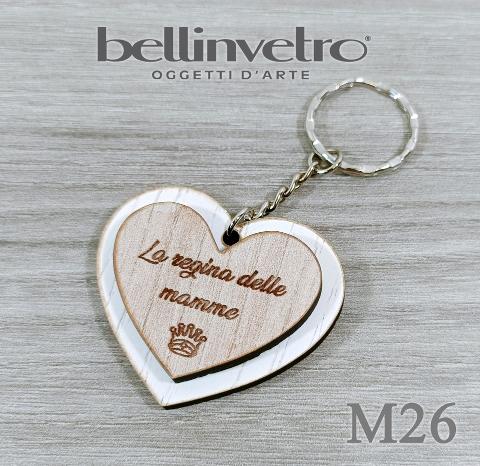 Portachiavi cuore  festa della mamma  in plexiglass specchiato e legno BELLINVETRO VR 154