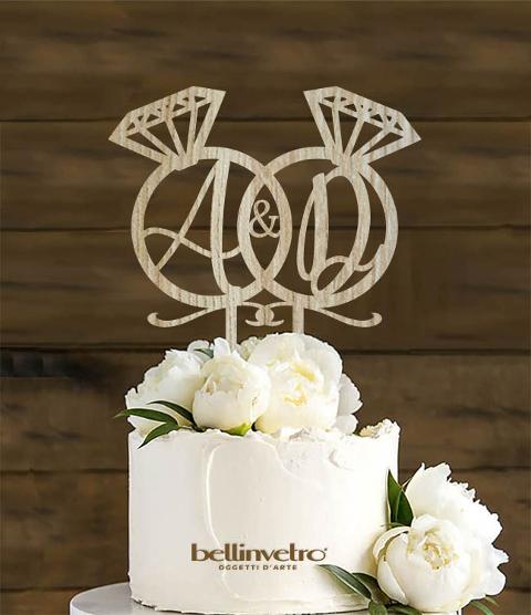 Topper cake anelli diamanti con iniziali  in legno BELLINVETRO VR 183