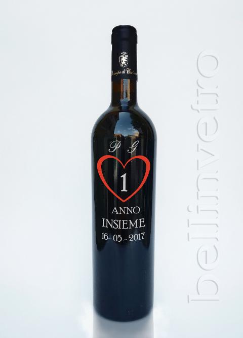 Bottiglia incisa e dipinta  a mano 1 anniversario VINO CANTINE PAOLINI 93